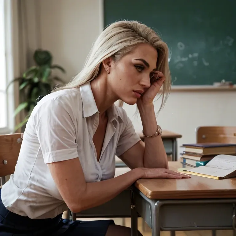 Teacher, 1 woman and 1 boy looking at each other, leaning over high school student's desk, bottom of blouse, in front of student, student sitting in front of her and looking straight at her chest, student looking down her shirt, sweater, classroom, students sitting at desks, shot from below, samdoesart, <lora:RealDownblouseXL2:.8>, <lora:Jenna1024-000320:.5>, <lora:Animated_Concept:.5>, <lora:samdoesart_style_xl_v1:.5>