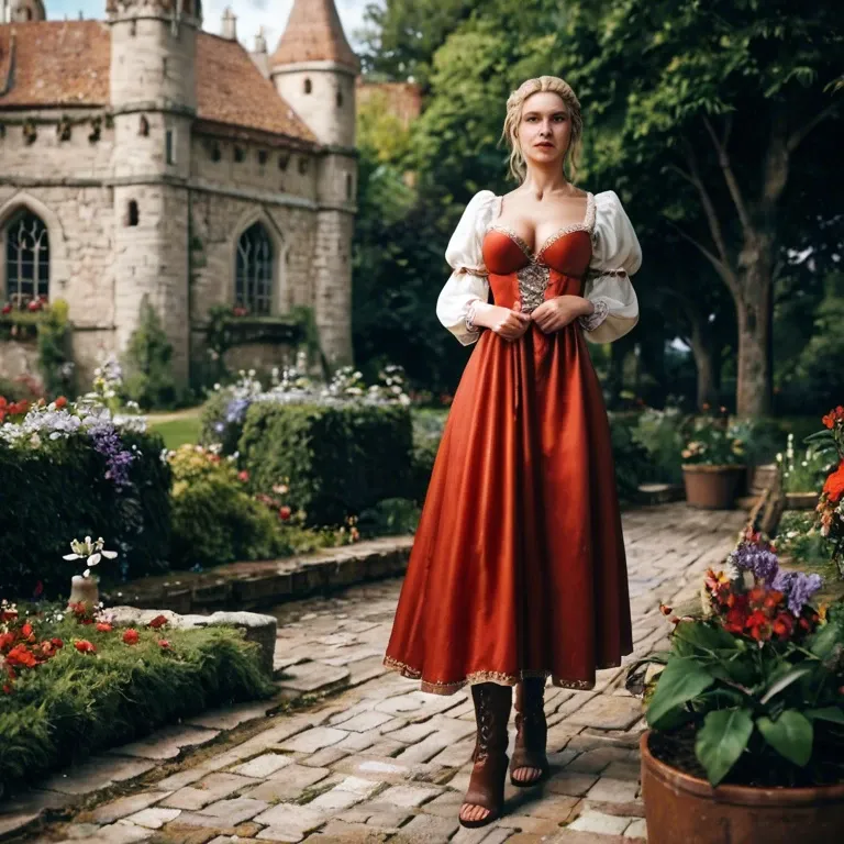 Red bikini top lift,strappy sandals, medieval dress,lace,bodysuit,boots, gardens, castle