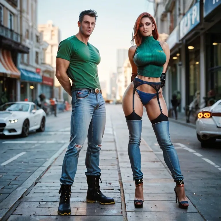 1girl,1boy, , , , touching body,arms behind back,big tits,city background,stand, tight jeans,anklets,racing gloves,blue panties,knee boots, green shirt,garter belt,beaded jewelry,sports bra,platform heels, wet shirt,elf palace,fishnet gloves,pull wet bra,boots, oozora subaru, bathing in lake, cyberpunk, close camera, anime a, dark pupils, dynamic angle