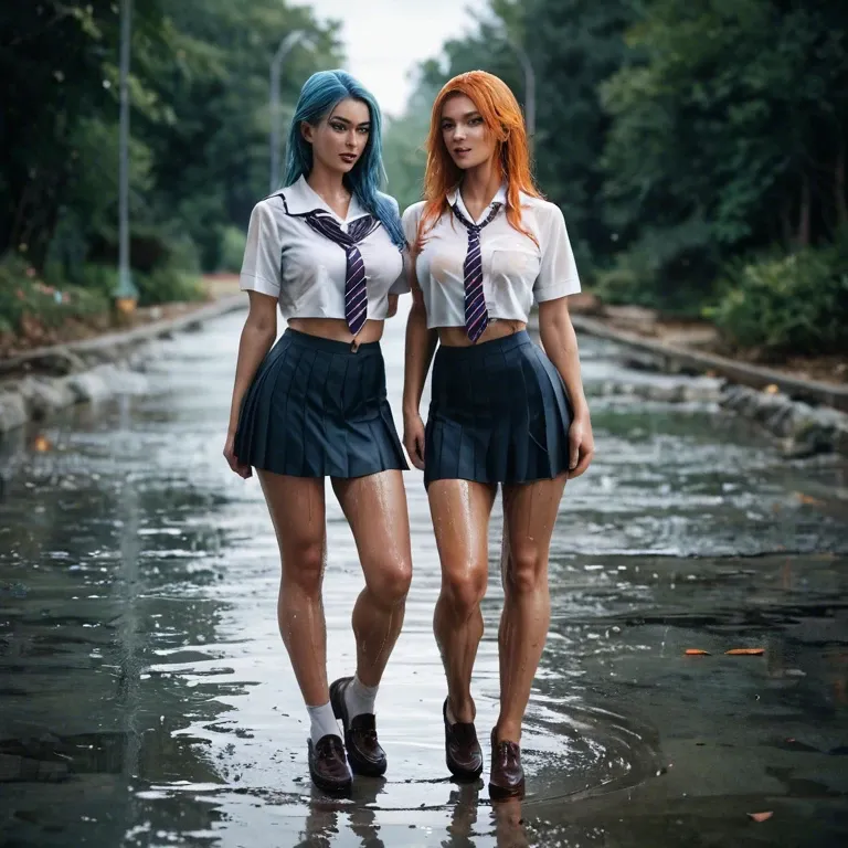 2 girl standing side by side. Orange haired and blue haired. White skin. At school with uniform. Full body skirt, wet legs