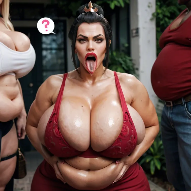 pink question marks, Princess Azula, blonde, tan skin, bimbo, clothed cleavage, big belly, weight gain, obese, hyper lips, gaping mouth, tongue out, round face, fat face, sagging breasts, thick nipples, dark nipples, long nipples, Chinese garden