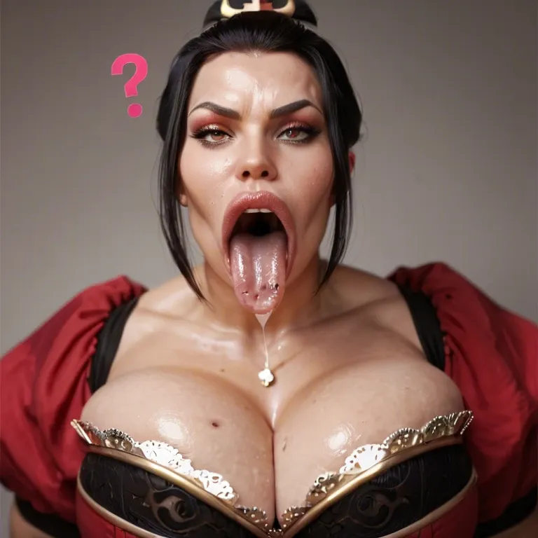 pink question marks, Princess Azula, (blonde), (tan skin), bimbofication, clothed cleavage, big belly, weight gain, (obese), hyper lips, gaping mouth, tongue out, round face, (fat face), sagging breasts, thick nipples, (dark nipples), long nipples, Chinese garden