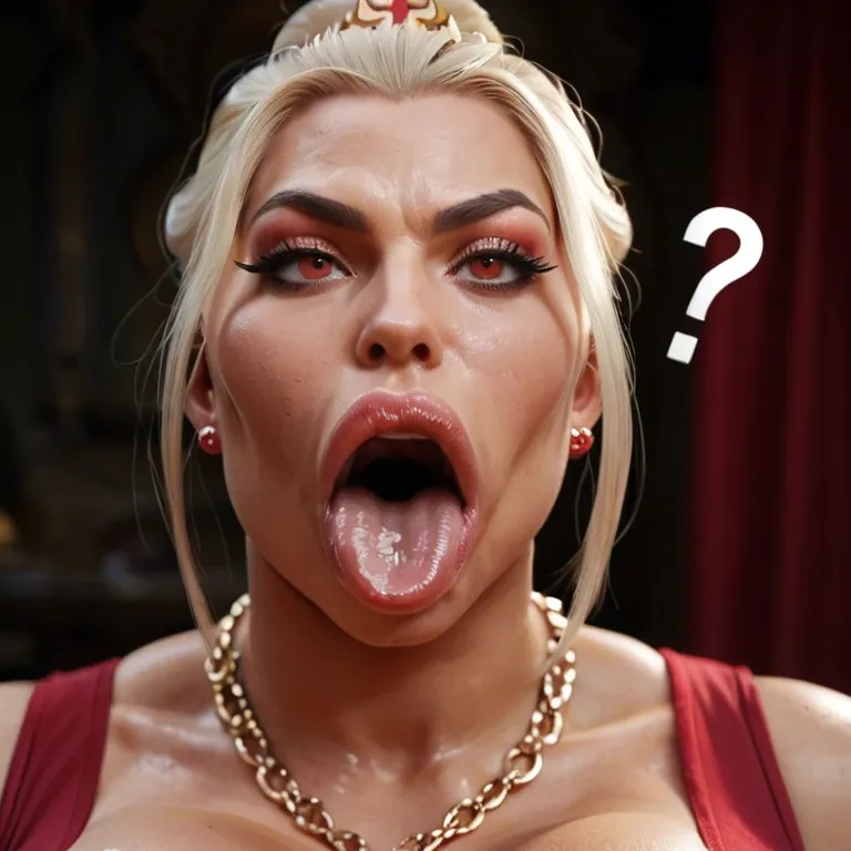 pink question marks, Princess Azula, (blonde), (tan skin), bimbofication, clothed cleavage, big belly, weight gain, (obese), hyper lips, gaping mouth, tongue out, round face, (fat face), sagging breasts, hyper nipples, (dark nipples), long nipples, Chinese garden