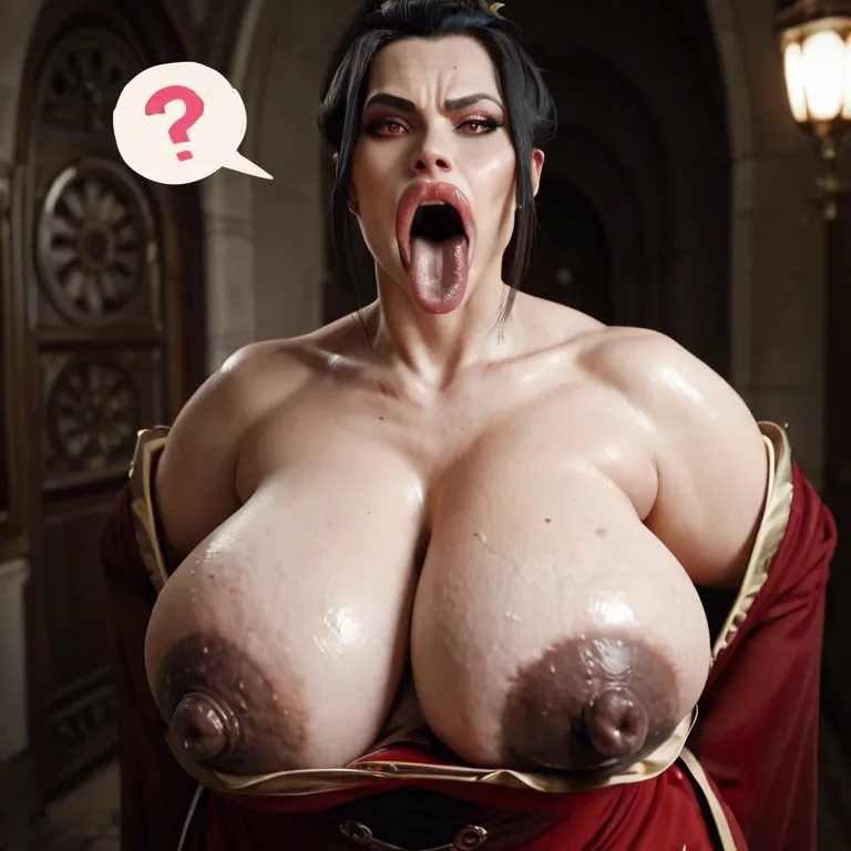 pink question marks, Princess Azula, clothed cleavage, big belly, weight gain, obese, hyper lips, gaping mouth, tongue out, round face, fat face, sagging breasts, thick nipples, dark nipples, long nipples, closeup, Chinese garden