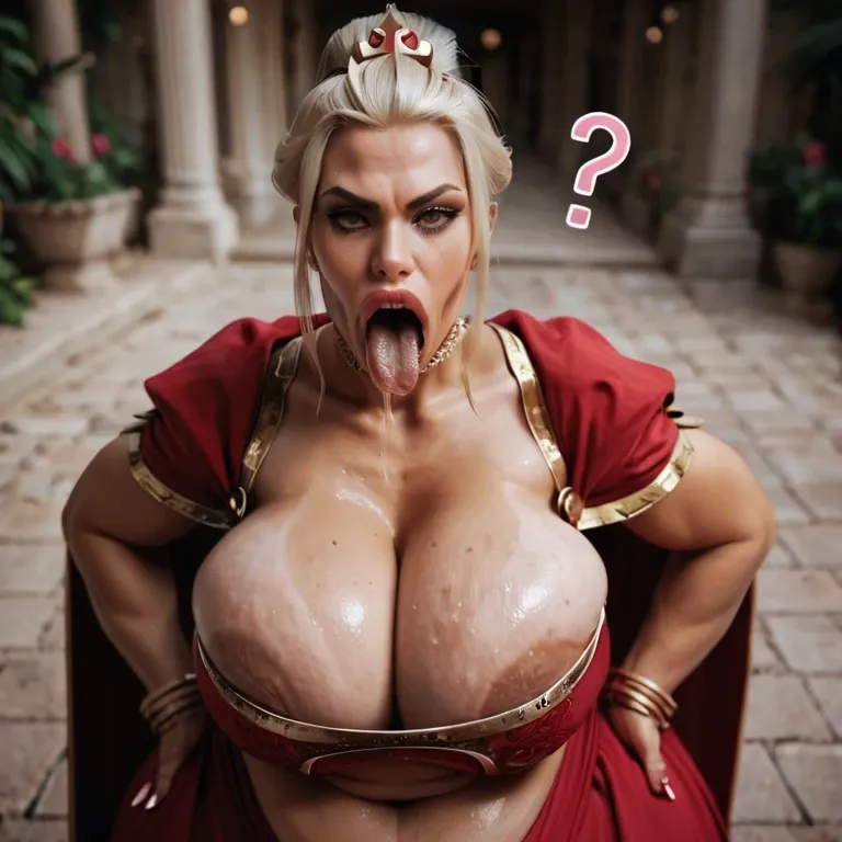 pink question marks, Princess Azula, blonde, tan skin, bimbo, clothed cleavage, big belly, weight gain, obese, hyper lips, gaping mouth, tongue out, round face, fat face, sagging breasts, thick nipples, dark nipples, long nipples, closeup, Chinese garden