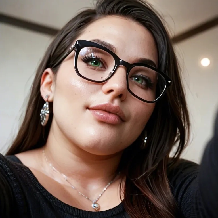 bbw, woman with dark brown straight hair, rounded face, green eyes, woman taking selfie of her holding her nose close to the underside of a big black cock,  large shiny silver hooped earrings, black framed glasses, black leather  top , fishnet leggings, black platform heels,