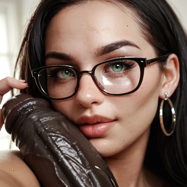 bbw, woman with dark brown straight hair, rounded face, green eyes, woman taking selfie of her holding her nose close to the underside of a big black cock,  large shiny silver hooped earrings, black framed glasses, black leather  top , fishnet leggings, black platform heels,