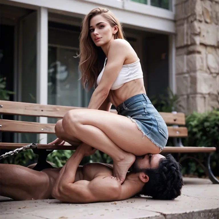 Skinny woman, barefoot, sitting on a bench without backrest, ridding position, front facesitting, foot humiliation