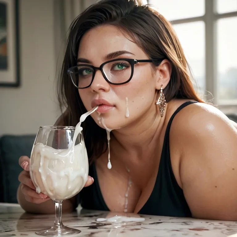 Woman drinking cum from large cum filled drinking glass, cum dripping from cup down her neck , French woman, bbw, woman with dark brown straight hair, rounded face, green eyes, large shiny silver hooped earrings, black framed glasses, black leather  top , fishnet leggings, black platform heels,  woman giving  interracial foot job to massive long and floppy black cock, hot heat steam emanating from girth of black cock, woman ghosting her breathe on black cock, woman looking at viewer, perfect toes, perfect feet, perfect hands, 5 fingers only per hand,  cum on platform heels,