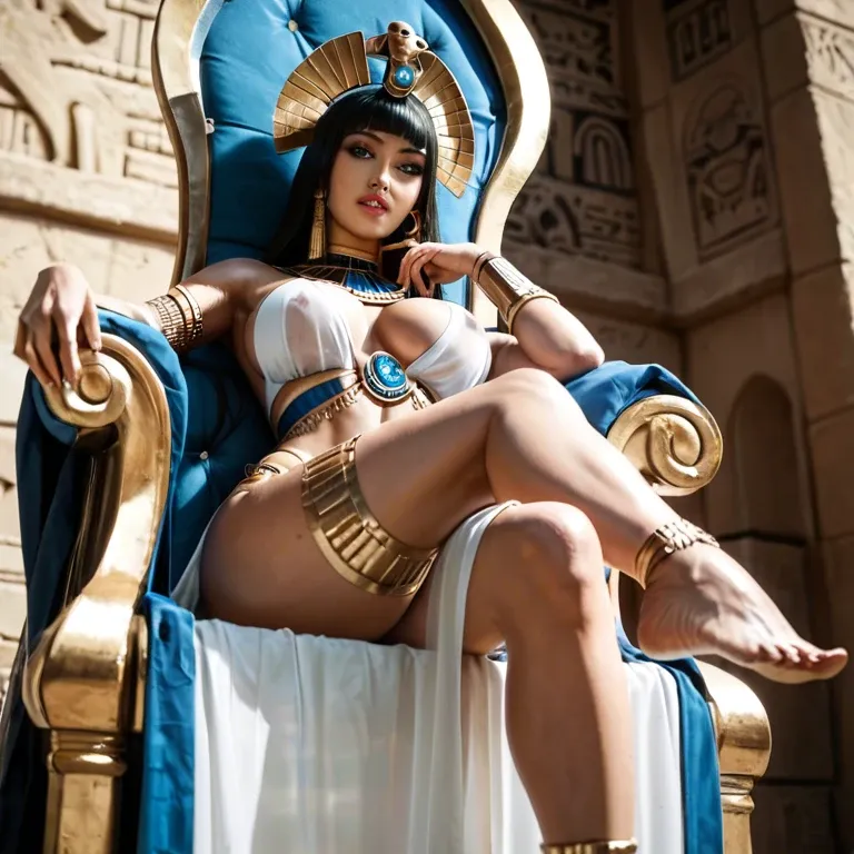 Ultra realistic, Dynamic lighting legs crossed, sitting on Egyptian throne,, White pale Korean-Boa-Hancock blue eyes, Egyptian clothes, seductive pose, see-through clothes, sexy femine curvy body big breasts, sexy feet below view