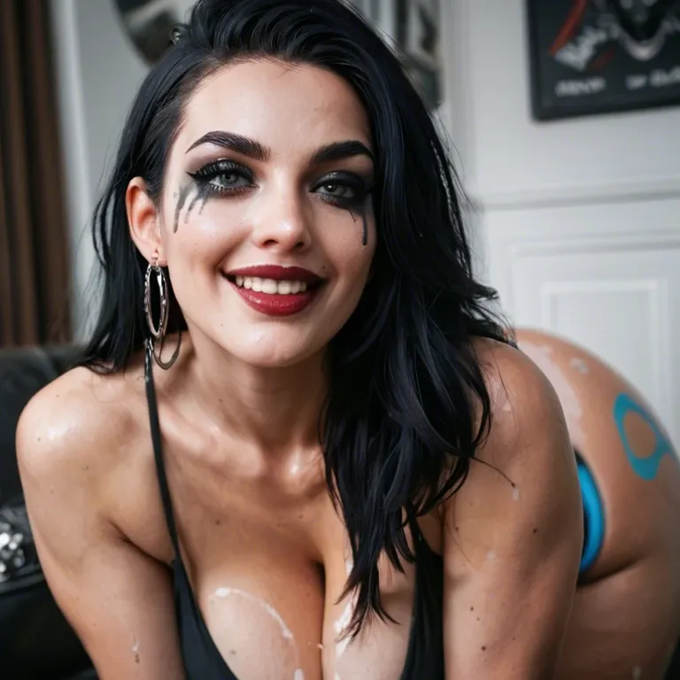 a sexy goth babe with extremely slutty makeup and clothes, happy and playful, long black hair with blue stripes, curvy with large natural perfect breasts and a huge ass, exhibitionist with a body paint fetish