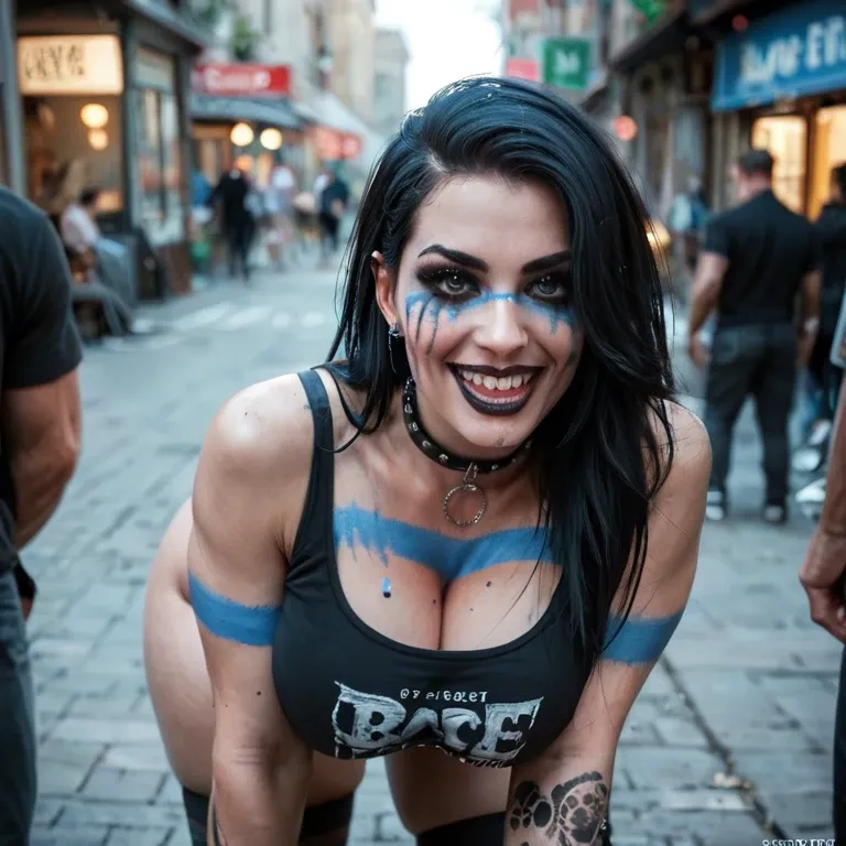 a sexy goth babe with extremely slutty makeup and clothes, happy and playful, long black hair with blue stripes, curvy with large natural perfect breasts and a huge ass, exhibitionist with a body paint fetish