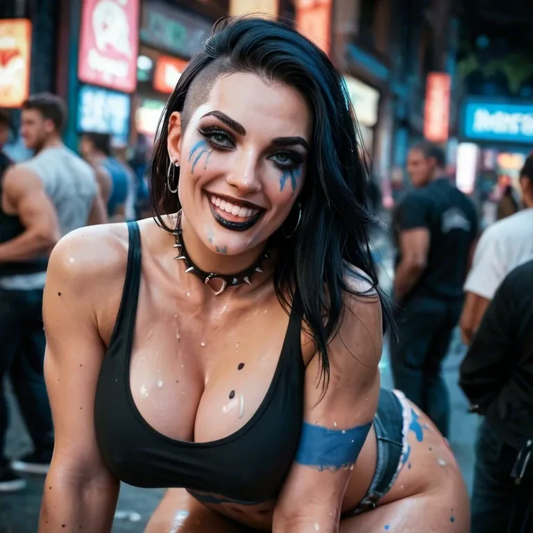 a sexy goth babe with extremely slutty makeup and clothes, happy and playful, long black hair with blue stripes, curvy with large natural perfect breasts and a huge ass, exhibitionist with a body paint fetish