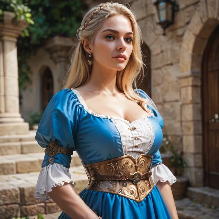 Gorgeous, beautiful blonde, blue eyes, dressed in simple blue medieval clothing, standing outside in sunshine