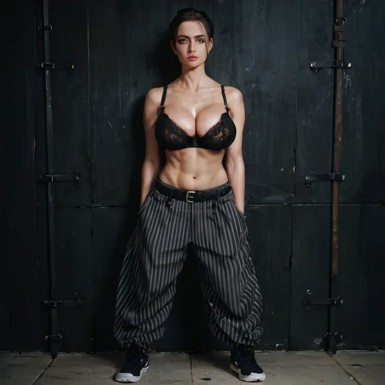 1girl,solo, , , , pupils,army,saggy breast,breast bondage,distance, baggy pants,baggy socks,black belt,pulled bra,black sneakers, striped skirt,black pantyhose,bdsm choker,mesh bodysuit,sandals, t-shirt,knee-high socks,hands tied,leotard aside,black sneakers, kitchen, sunny in forest, throne room, white sofa, spider-gwen, dynamic angle