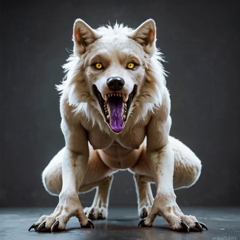 female wolf skinwalker, long and sharp teeth, silvery white fur, claws, long pinkish-purple tongue, dark yellow eyes, belly has a faint reddish tinge, three toed, full body