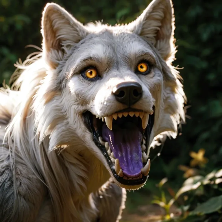 female wolf monster, long and sharp teeth, silvery white fur, claws, long pinkish-purple tongue, dark yellow eyes, belly has a faint reddish tinge, three toed, standing