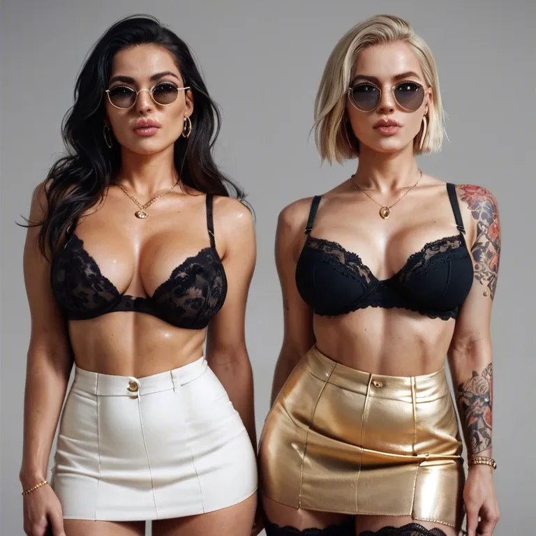 2girl, , , , cheek bulge,thigh gap,round boobs,grey background,fat neck, full lips,arm tattoos,round tits,breasts apart,golden necklace, lift skirt,lace stockings,sunglasses,black bra,knee boots, white crop top,socks,wool hat,gray sports bra,brown boots, shirt lifted up,laced bodysuit,scarf,thongs,stiletto heels, hotel, tavern setting, link, belle, rapunzel waifu