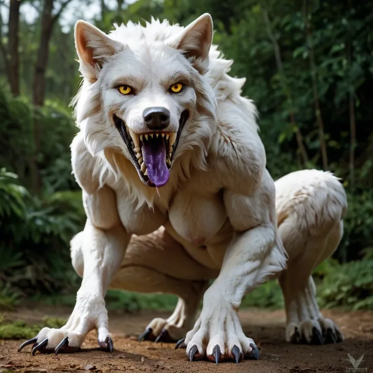 female wolf monster, long and sharp teeth, silvery white fur, claws, long pinkish-purple tongue, dark yellow eyes, belly has a faint reddish tinge, three toed, full body