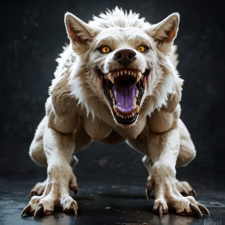 female wolf monster, long and sharp teeth, silvery white fur, claws, long pinkish-purple tongue, dark yellow eyes, belly has a faint reddish tinge, three toed, full body