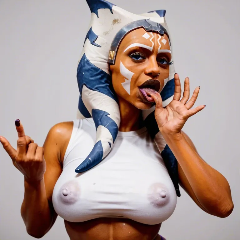 ahsoka tano, high detail, pretend  gesture, massive ass, deepthroat face, smegmadripping, rounded tits, looking at viewer, white sleeveless t-shirt with neckline, puffy nipples, purple thong, white platform heels, fellatio gesture, oiled skin, dawn, hard shadows, breasts out, perfect curve figure body, thick thighs, oiled skin, gleaming skin, ass focus, bedroom, Hand forward and backward movement lines