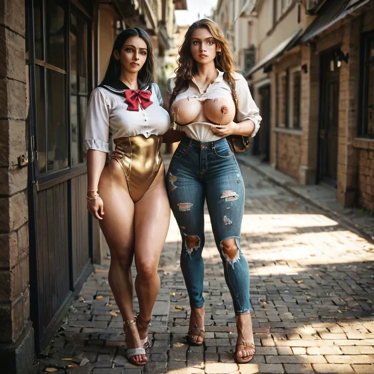 2girl, , , , bubble in nose,warm light,nipple ring,grabs,very pale skin, torn jeans,gold anklets,jewelry,leotard aside,sandals, school uniform, on the street, medieval prison, on a leash, realistic style, dark eyes, 2b, spider-gwen, dynamic pov