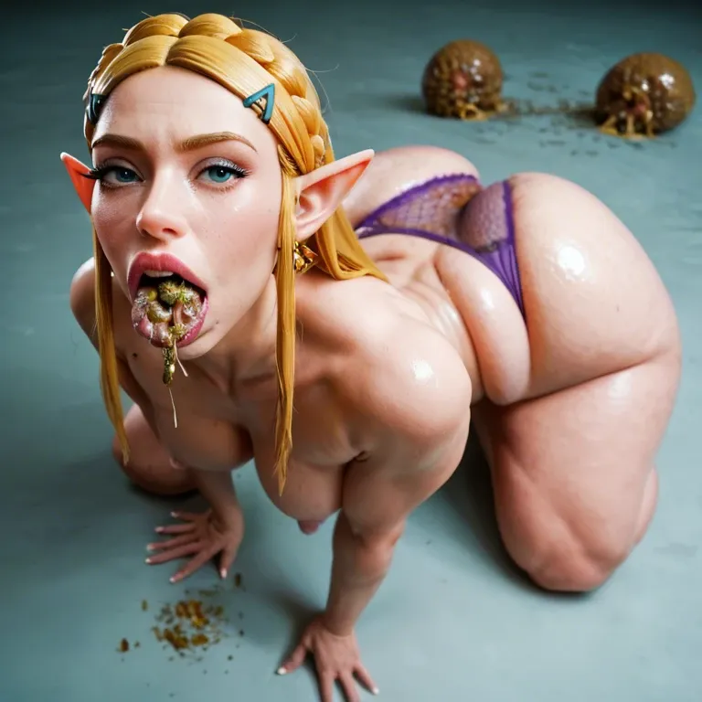 Princess Zelda, Disney style, pixar, style, purple panties, hyper biggest fat ass, smegma, mouth smeared with smegma, lips smeared with smegma, on all fours