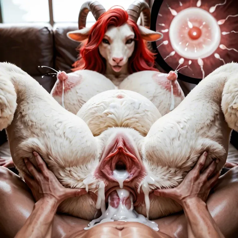 Red haired milf lamb furry, huge sagging boobs , huge nipples, fat pussy, furry, pov,  spread pussy cervix ,excessive cum creampie, internal view of sperm and egg, pregnant,  anal sex, lactating