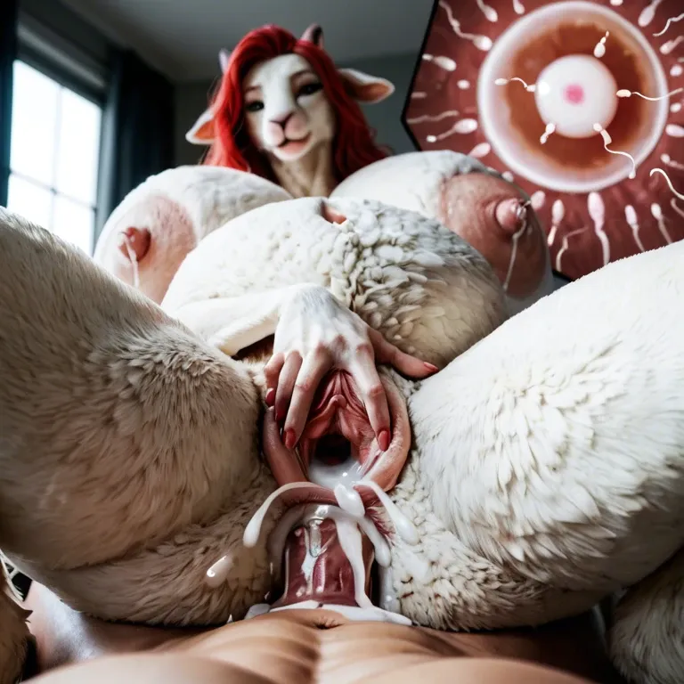 Red haired milf lamb furry, huge sagging boobs , huge nipples, fat pussy, furry, pov,  spread pussy cervix ,excessive cum creampie, internal view of sperm and egg, pregnant,  anal sex, lactating