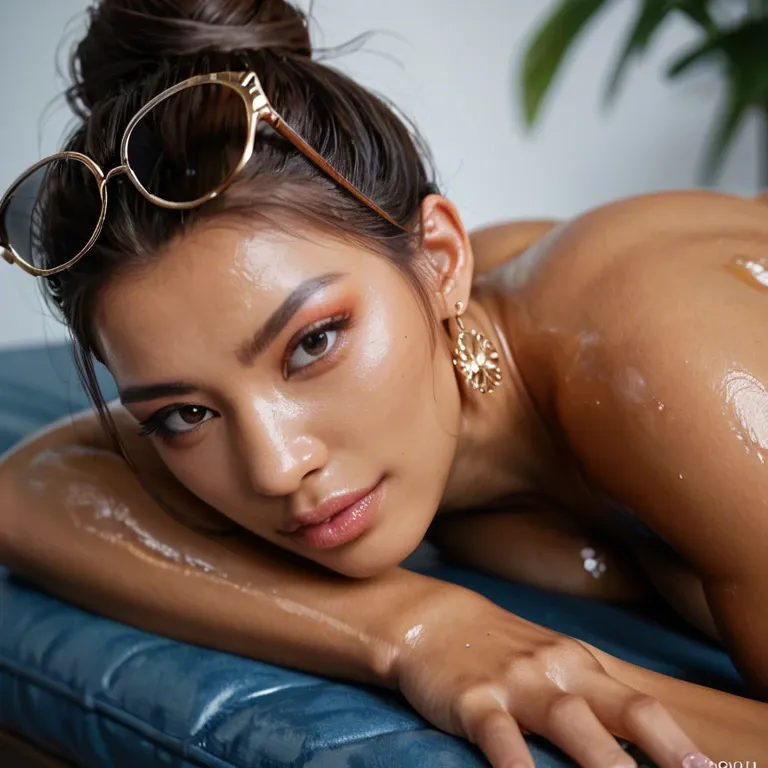 Asian girl, 18 years, naked, tanned skin, middle tits, slim waist, slim legs, oiled body, oiled skin, brown hair, bun of hair, large round earrings, sunglasses on her head, lying on a white chaise longue, beach, lying relaxed