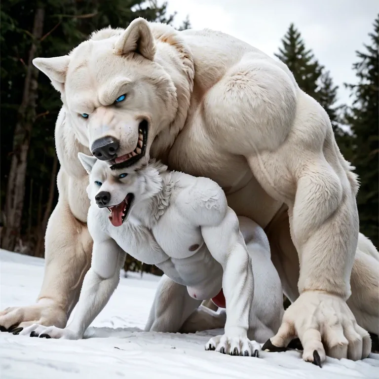 Furry only, anthro, Two males, gay, Polar bear, Wolf, size difference, Anal penetration, abdominal bulge, rough, Doggystyle, naughty smirk, outside