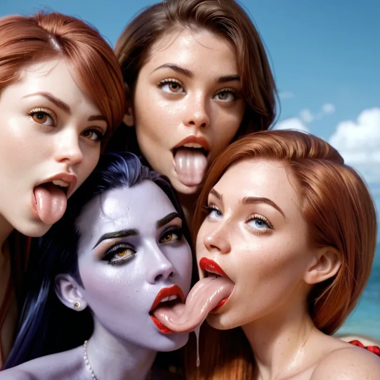 4girls, , , , , Mary Jane (Spider-Man), Violet Parr (The Incredibles), Helen Parr (The Incredibles), Widowmaker (Overwatch), lipstick, ahegao, ecstasy, impossibly long tongue, over shoulder, plump lips, licking, blushing, squeezing breasts from behind, nude, waist up, elf ears