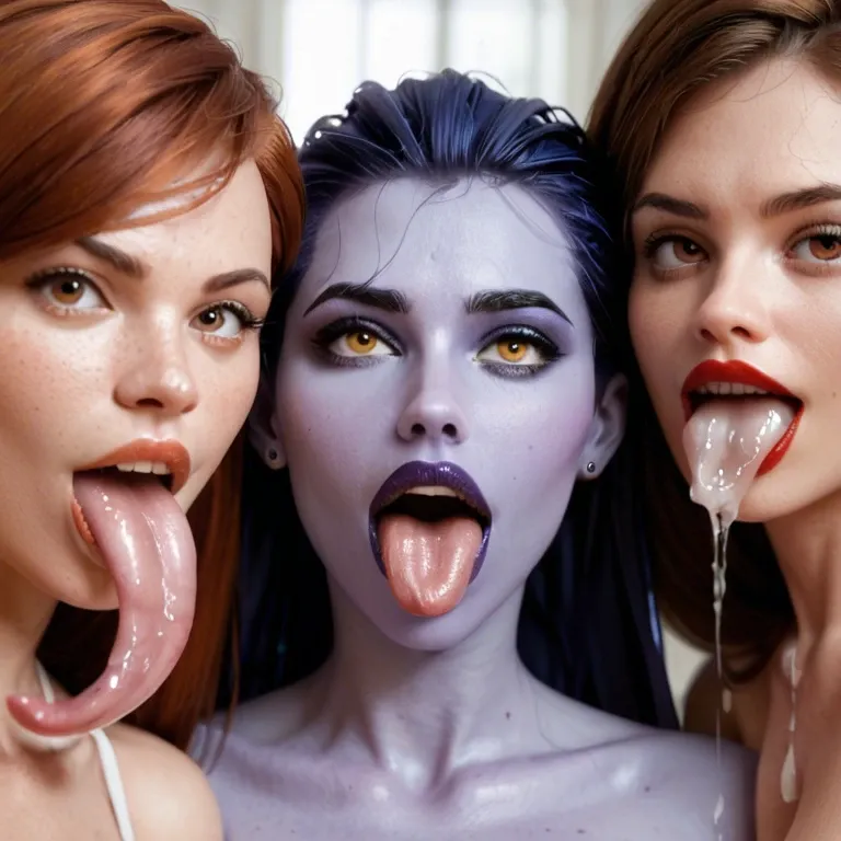 4girls, , , , , Mary Jane (Spider-Man), Violet Parr (The Incredibles), Helen Parr (The Incredibles), Widowmaker (Overwatch), lipstick, ahegao, ecstasy, impossibly long tongue, over shoulder, plump lips, licking, blushing, squeezing breasts from behind, nude, waist up, elf ears