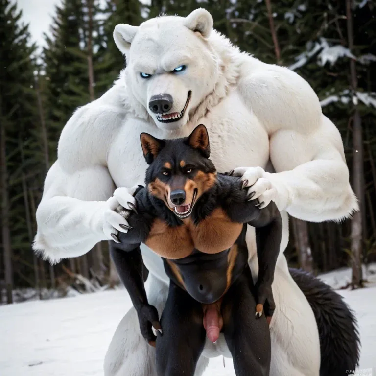 Furry only, anthro, Two males, gay, Polar bear, white fur, Wolf, black fur, size difference, Anal penetration, abdominal bulge, rough, naughty smirk, outside