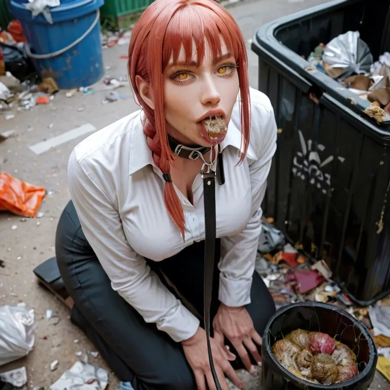 Makima (Chainsaw Man), on knees, trashed, trash, garbage, dump, leash collar, smegma, mouth smeared with smegma, lips smeared with smegma, smegma in bowl, curvy figure, pink panties, fat hibs, fat ass, original costume