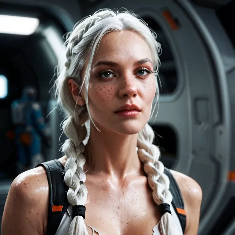 Freckles,petite body,skinny,long legs,long white hair,braids,ripped space suit,science fiction