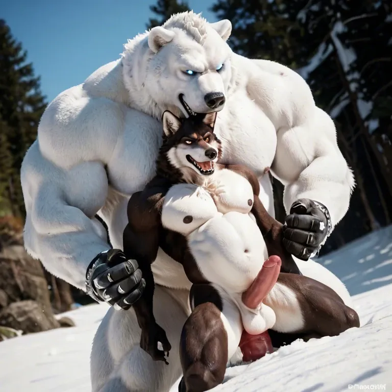 Furry only, anthro, Two males, gay, Polar bear, white fur, Wolf, black fur, size difference, Anal penetration, abdominal bulge, rough, naughty smirk, outside