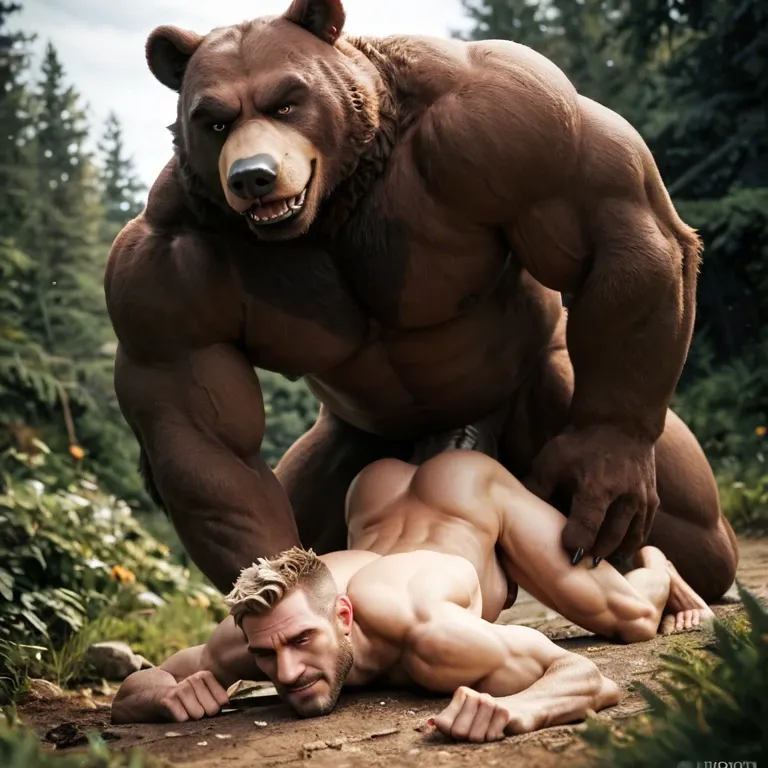 Furry only, anthro, Two males, gay, Bear, giant penis, size difference, Anal penetration, abdominal bulge, rough, naughty smirk, outside