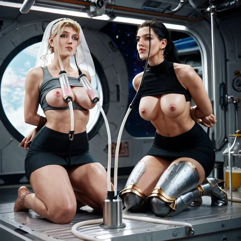 2girl, , , , milking machine,shining,pink nipples,space ship,kittan bachika, pencil skirt,palace,hands tied,gray sports bra,armored boots, black crop top,anklets,veil,floral bikini,boots, bear costume,tights,pink choker,frilled panties,brown boots, bare chest, sparkle, heart dynamics