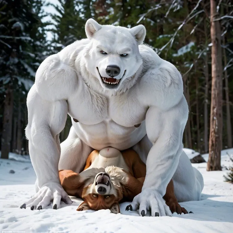 Furry only, anthro, Two males, gay, Polar bear, Wolf, size difference, Anal penetration, abdominal bulge, rough, holding partner, naughty smirk, outside