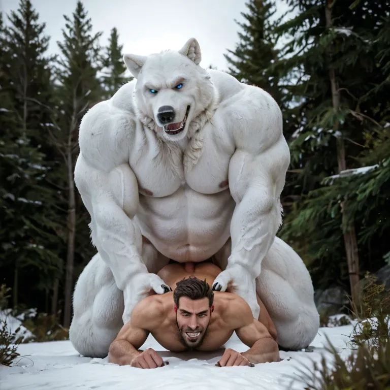 Furry only, anthro, Two males, gay, Polar bear, Wolf, size difference, Anal penetration, abdominal bulge, rough, holding partner, naughty smirk, outside