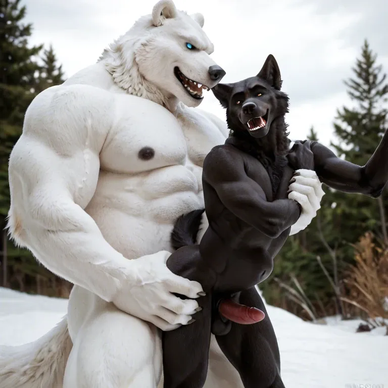 Furry only, anthro, Two males, gay, Polar bear, white fur, Wolf, black fur, size difference, Anal penetration, abdominal bulge, rough, naughty smirk, outside