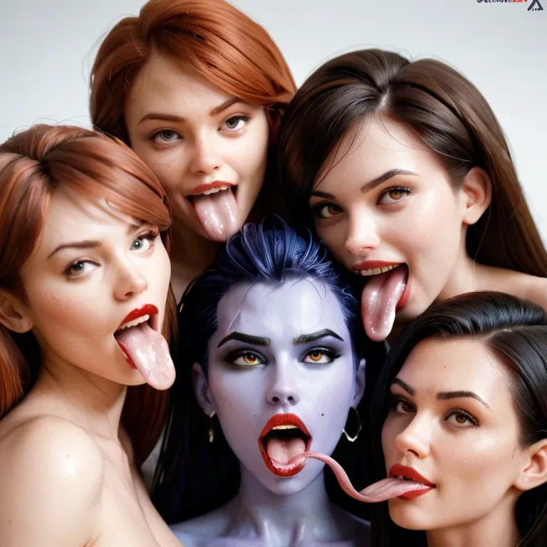 4girls, , , , , Mary Jane (Spider-Man), Violet Parr (The Incredibles), Helen Parr (The Incredibles), Widowmaker (Overwatch), lipstick, ahegao, ecstasy, impossibly long tongue, over shoulder, plump lips, licking, blushing, squeezing breasts from behind, nude, waist up, elf ears