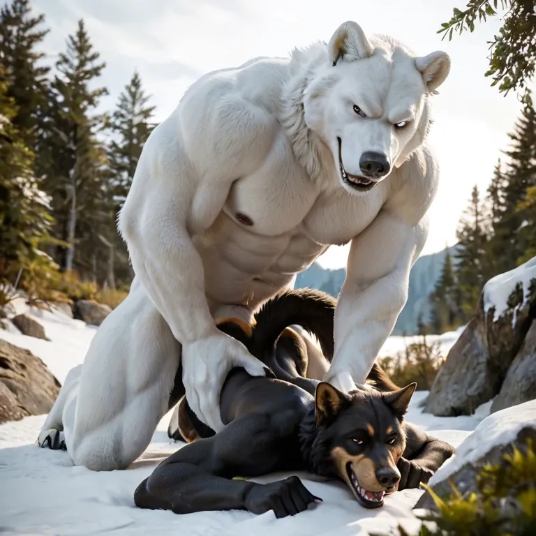 Furry only, anthro, Two males, gay, Polar bear, white fur, Wolf, black fur, size difference, Anal penetration, abdominal bulge, rough, naughty smirk, outside