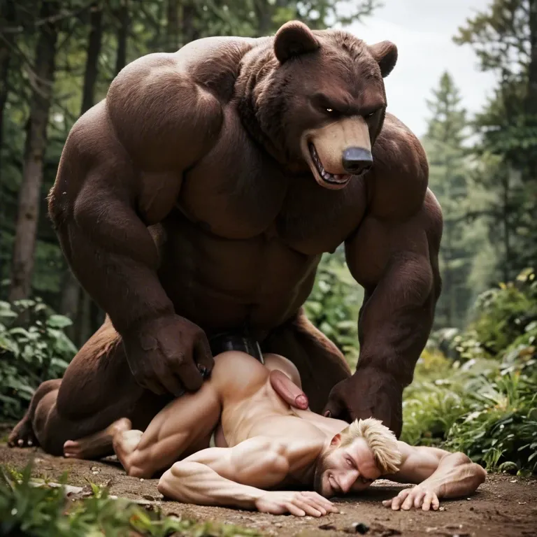 Furry only, anthro, Two males, gay, Bear, giant penis, size difference, Anal penetration, abdominal bulge, rough, naughty smirk, outside