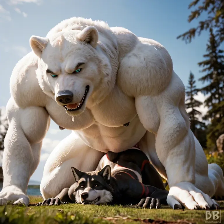 Furry only, anthro, Two males, gay, Polar bear, white fur, Wolf, black fur, size difference, Anal penetration, abdominal bulge, rough, naughty smirk, outside, Doggystyle, drooling