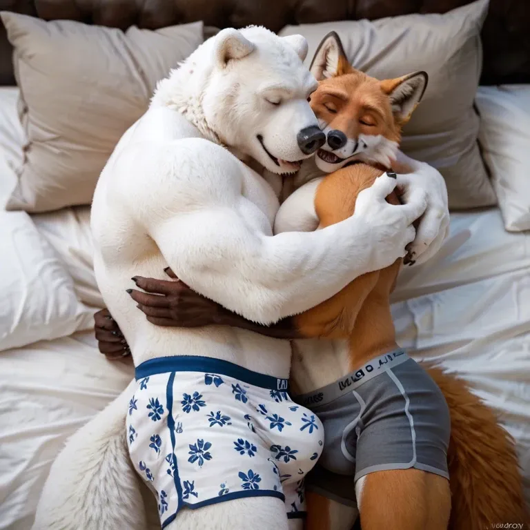 Furry only, anthro, two males, gay, Polar bear, Fox, Size difference, cuddling, hug, embrace, lying in bed, underwear only, boxers