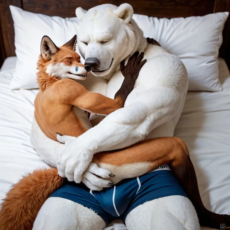 Furry only, anthro, two males, gay, Polar bear, Fox, Size difference, cuddling, embrace, lying in bed, underwear only, boxers