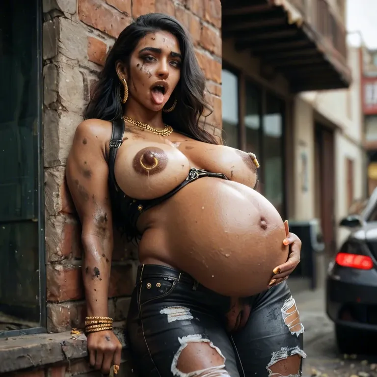 indian, dark skin, slum, dirty, ahegao, big tits, golden nipple rings, golden bangles, golden jewellry, pregnant belly,  ripped leather pants, pussy reveal, hairy pussy, fat labia, pussy discharge, dark yellow cum, golden belt, golden collar,