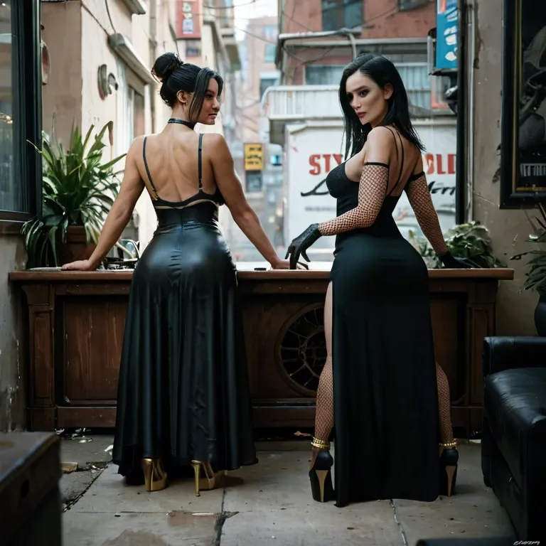 2girl, , , , spread cheeks,on knees,perky breast,back view,gold anklets, black dress,fishnet sleeve,gloves,black bra,platform heels, living room, alleyway, cyberpunk, on desk, wonder woman, ariel waifu